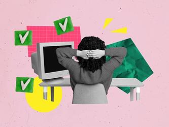 woman sitting at desk working, surrounded by colourful graphic images of ticks